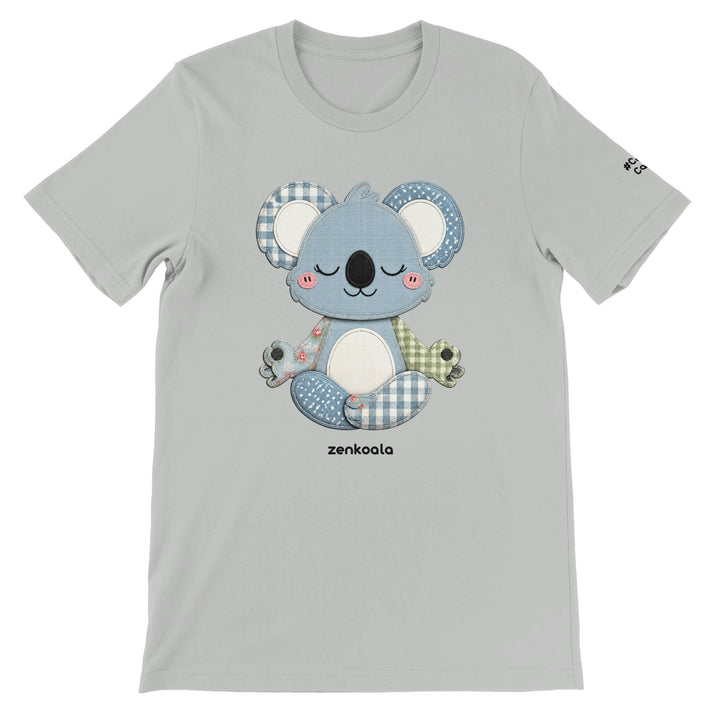 Faux Patchwork Meditating Koala feel-good tee in silver, Zen Koala Australia