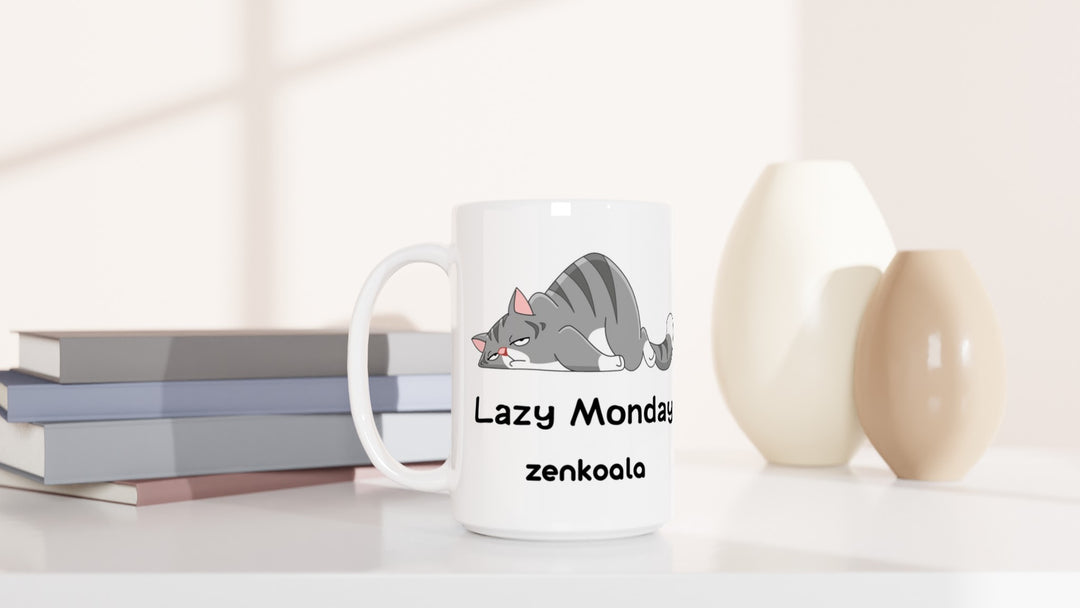 Lazy Monday 15oz mug beside books and vases, Zen Koala Australia