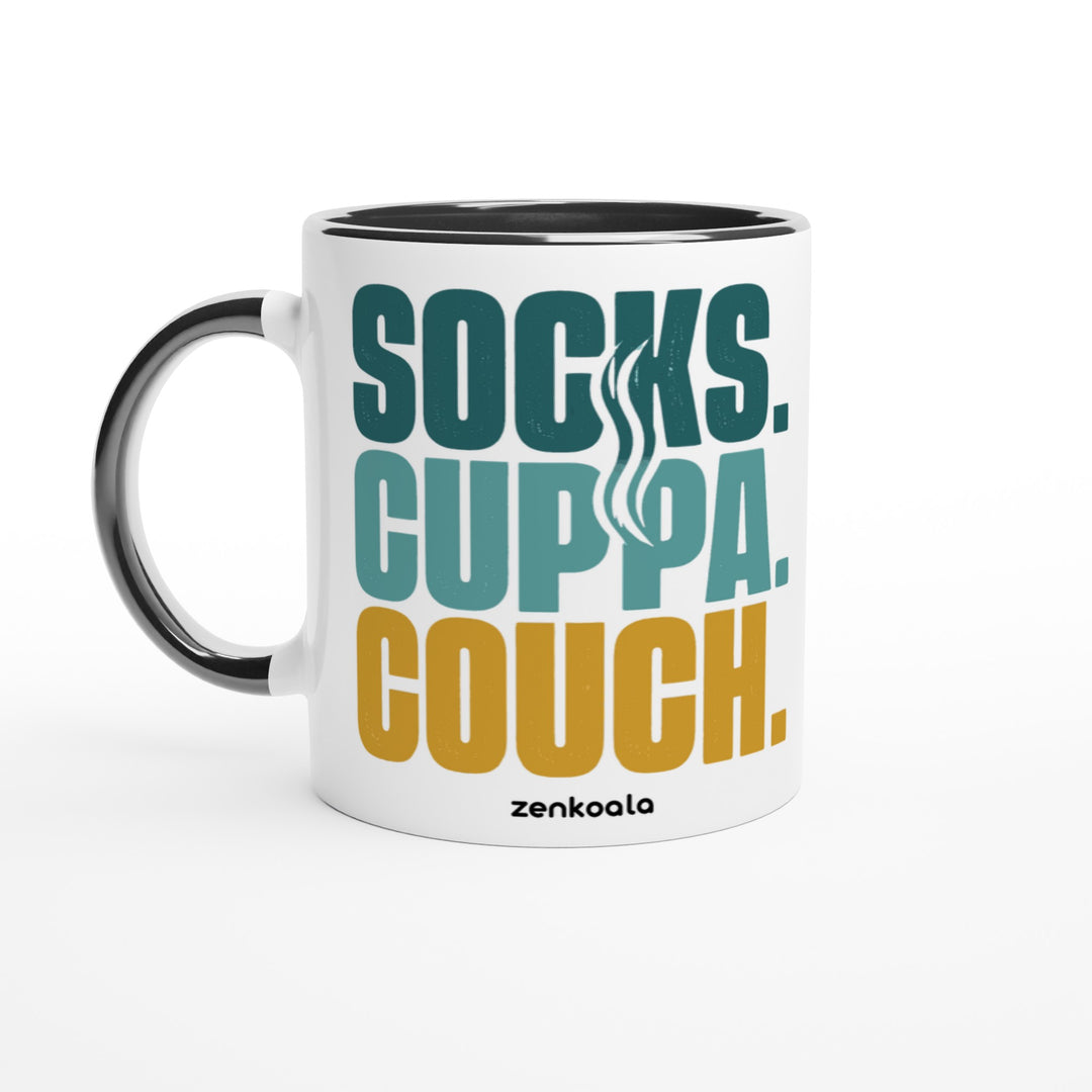 Socks Cuppa Couch mug in black: white with a black rim, inside and handle, Zen Koala Australia