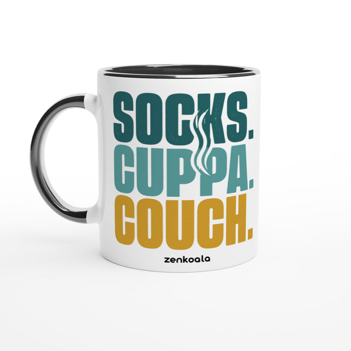 Socks Cuppa Couch mug in black: white with a black rim, inside and handle, Zen Koala Australia