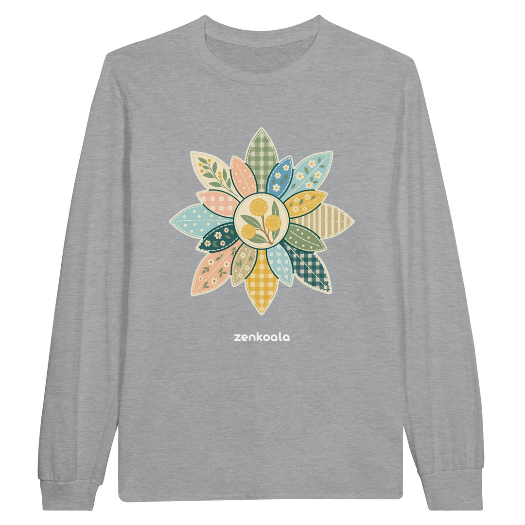 Wattle Mandala feel-good long sleeve tee in sports grey: a gum-leaf faux patchwork mandala, Zen Koala Australia