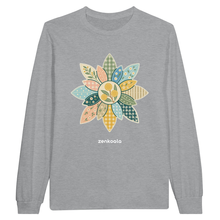 Wattle Mandala feel-good long sleeve tee in sports grey: a gum-leaf faux patchwork mandala, Zen Koala Australia