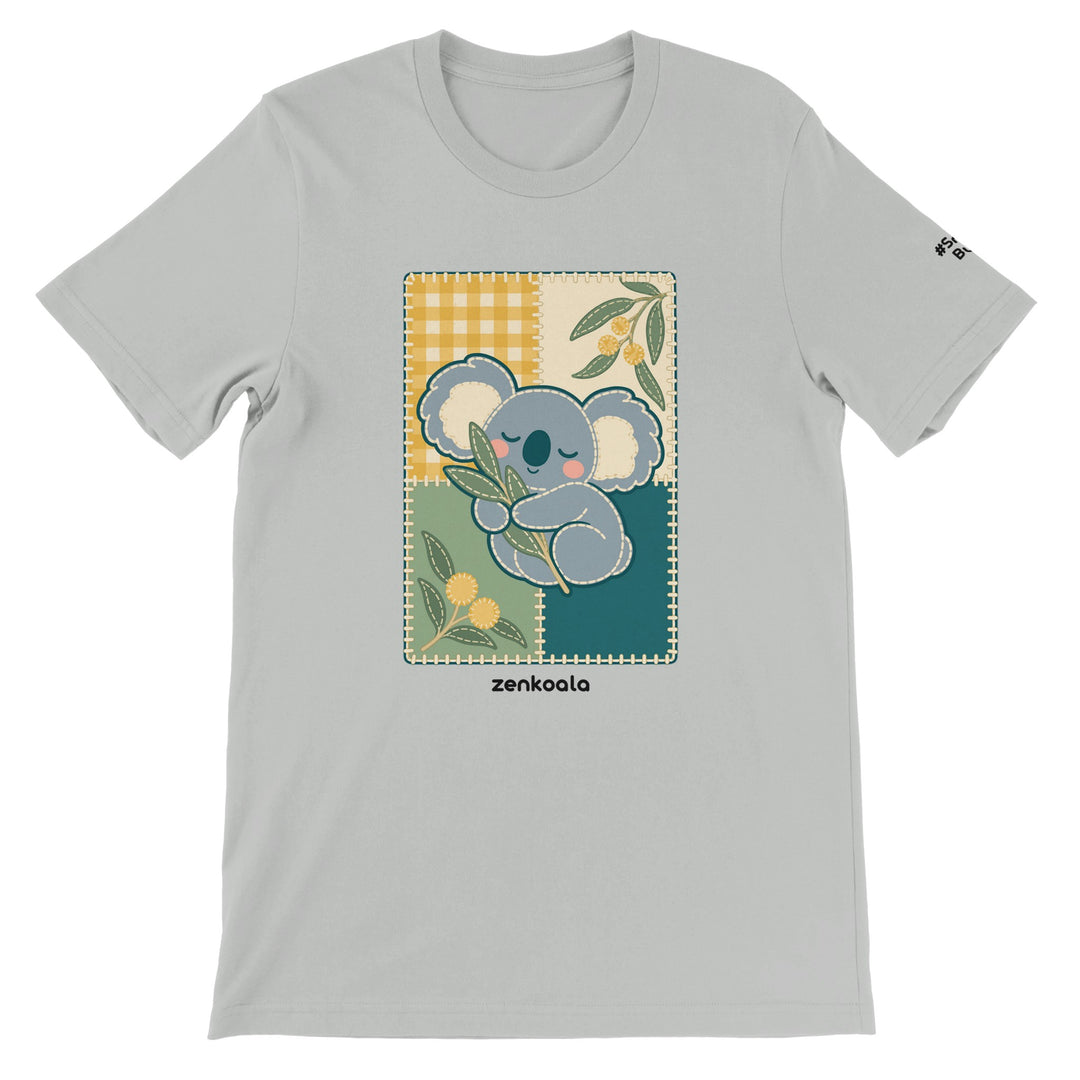 Koala Quilt feel-good tee in silver: a sleeping koala on a quilt block, Zen Koala Australia
