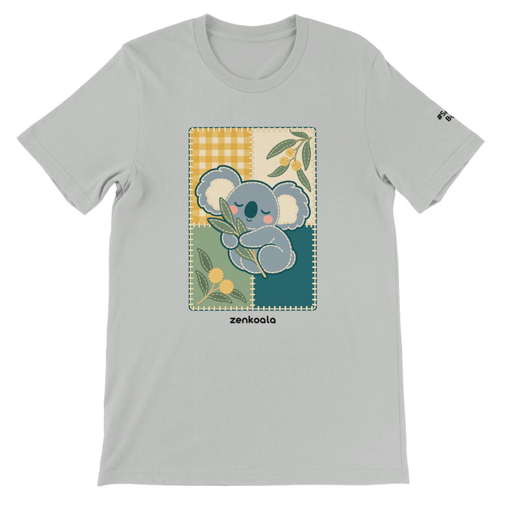 Koala Quilt feel-good tee in silver: a sleeping koala on a quilt block, Zen Koala Australia