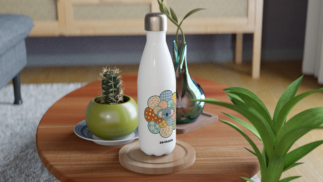 Zen Mandala Flower water bottle on a wooden table with a cactus, Zen Koala Australia