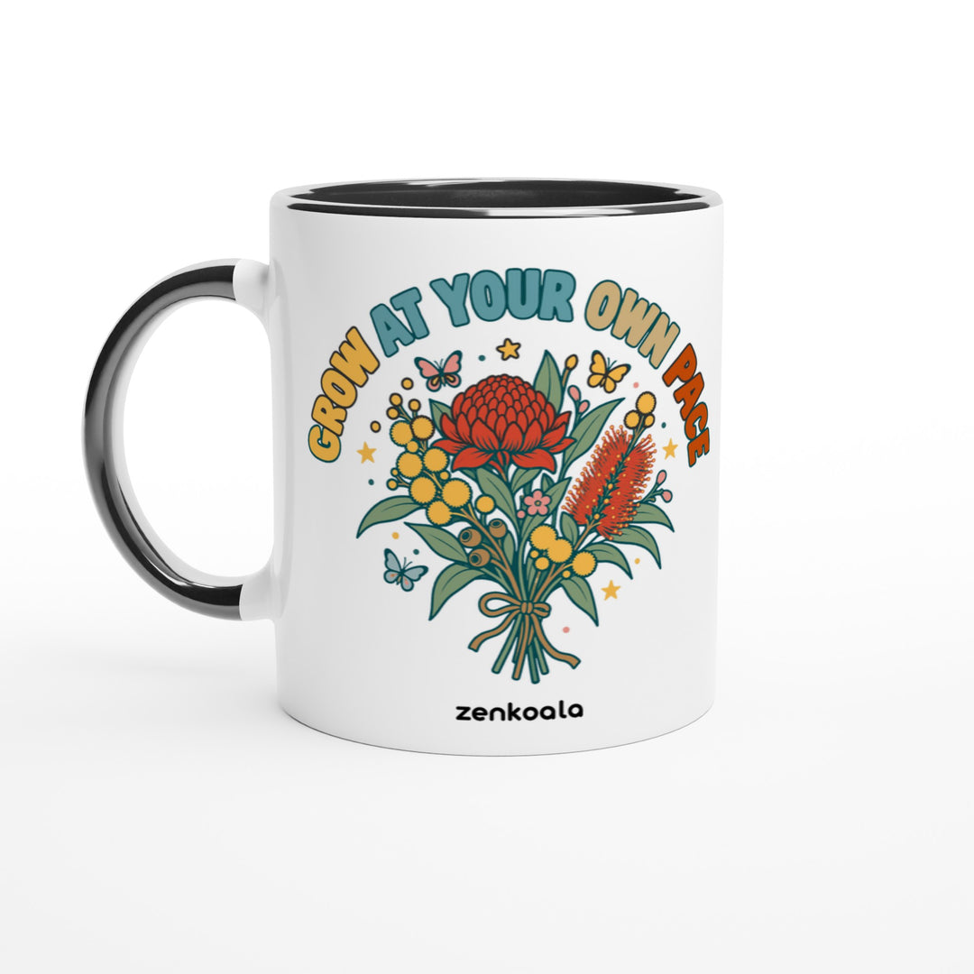 Grow at Your Own Pace mug in black: white with a black rim, inside and handle, Zen Koala Australia