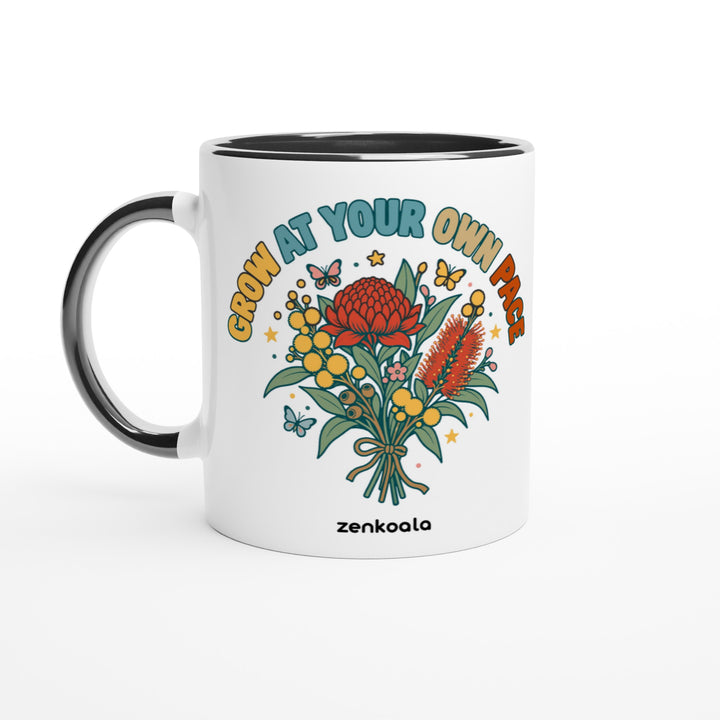 Grow at Your Own Pace mug in black: white with a black rim, inside and handle, Zen Koala Australia