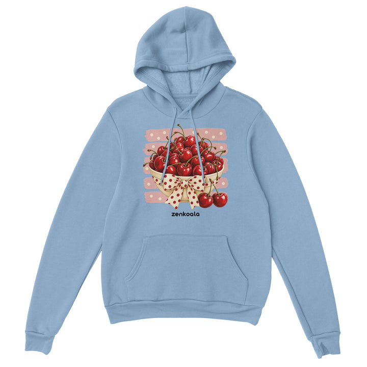 Cherries feel-good hoodie in light blue, Zen Koala Australia