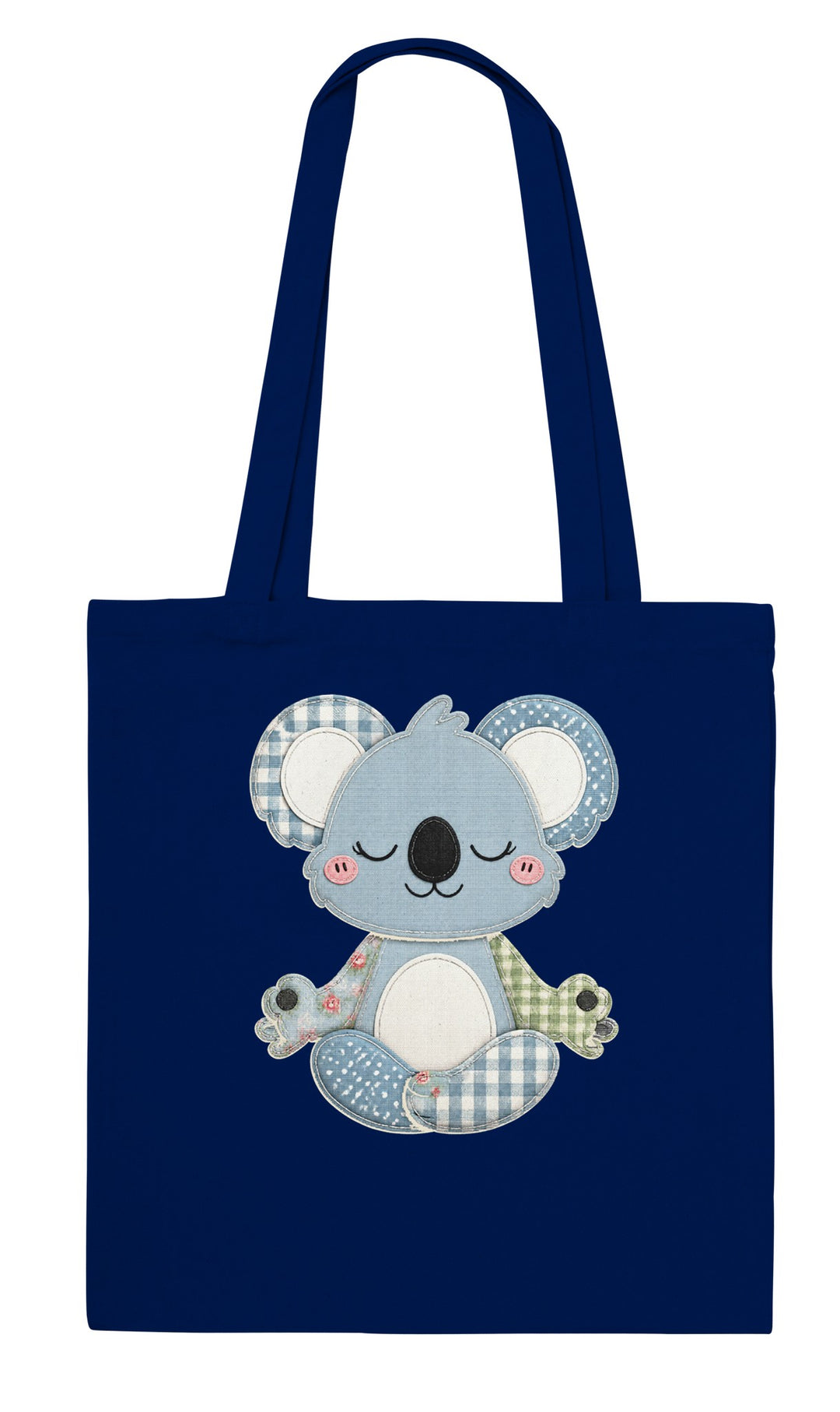Faux Patchwork Meditating Koala feel-good tote bag in navy, Zen Koala Australia