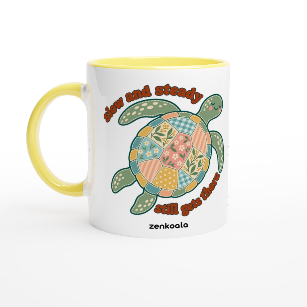 Slow and Steady Turtle mug in yellow: white with a yellow rim, inside and handle, Zen Koala Australia