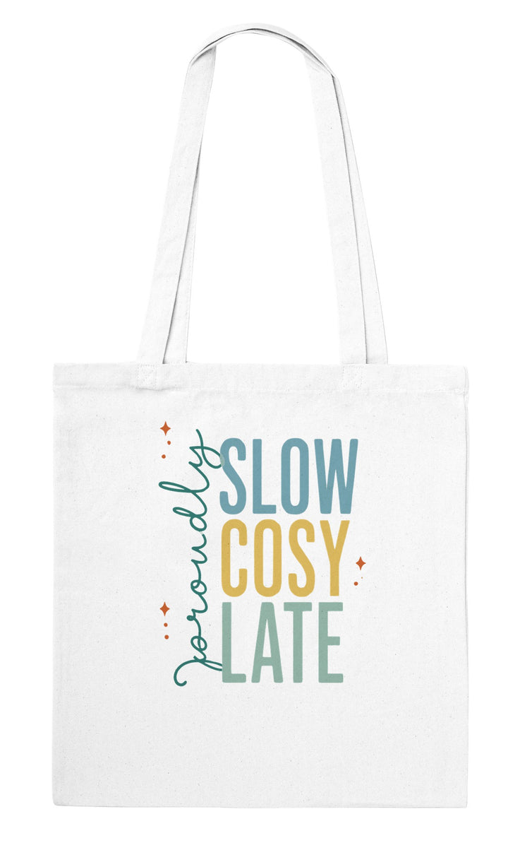 Proudly Slow Cosy Late feel-good tote bag in white, Zen Koala Australia