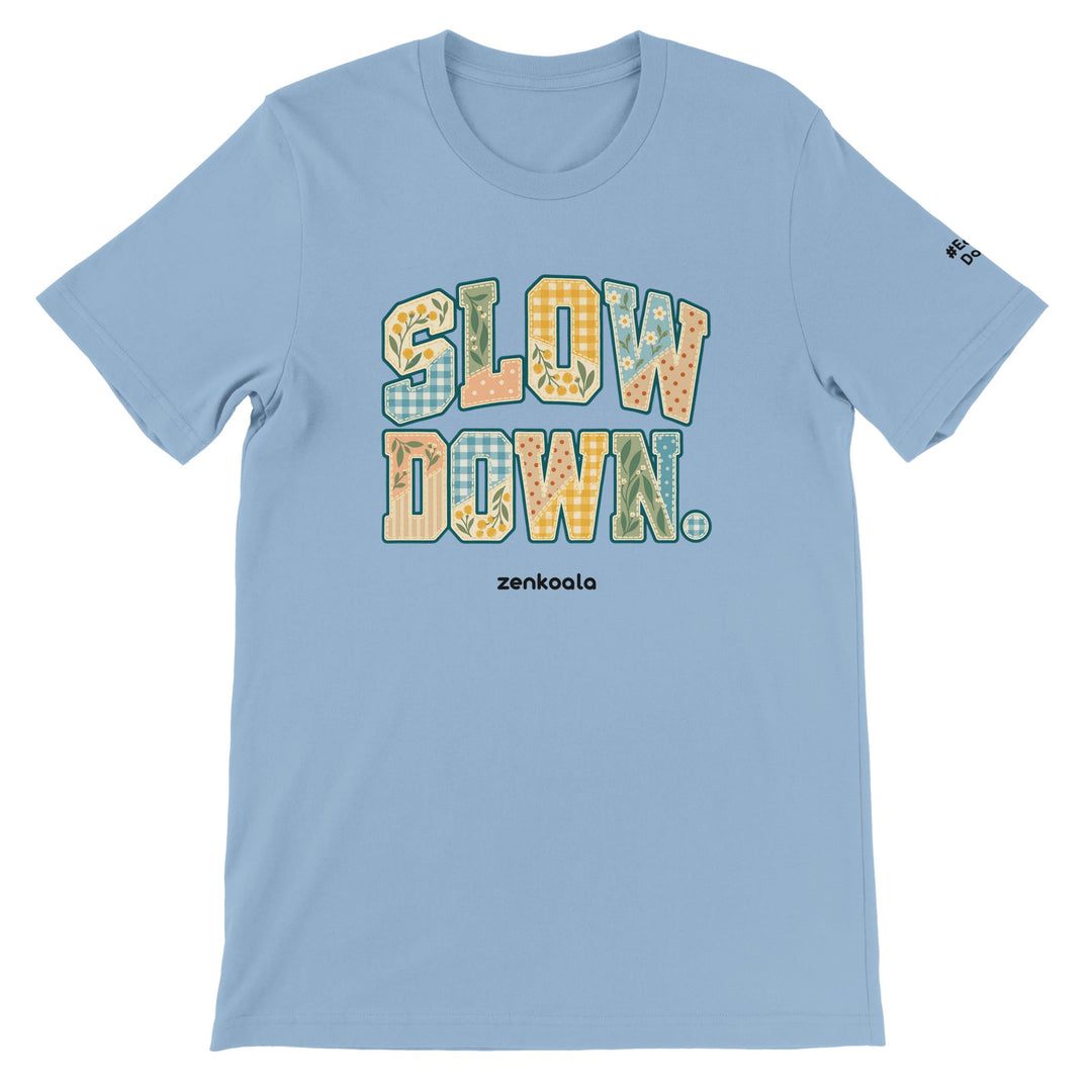 Slow Down Faux Patchwork feel-good tee in light blue, Zen Koala Australia
