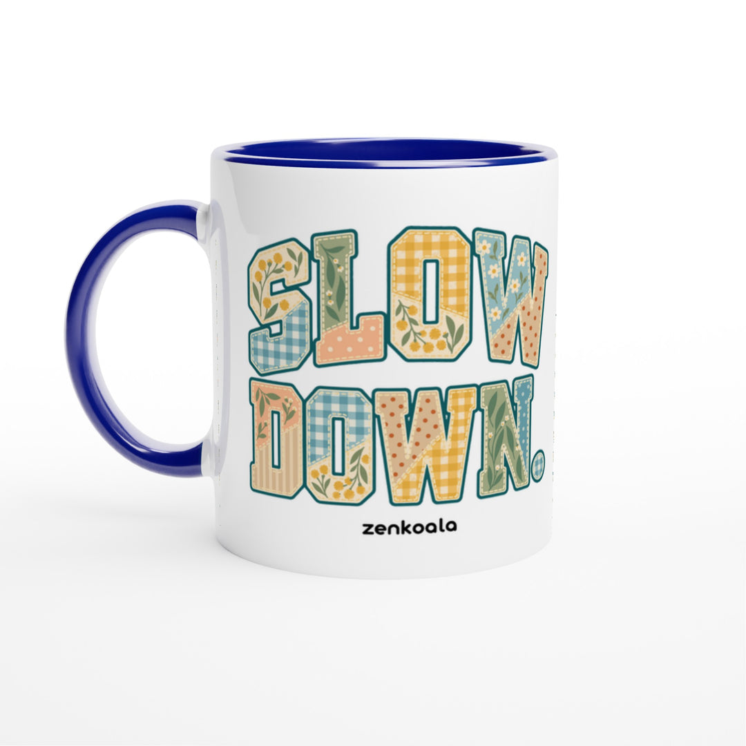 Slow Down Faux Patchwork mug in blue: white with a blue rim, inside and handle, Zen Koala Australia
