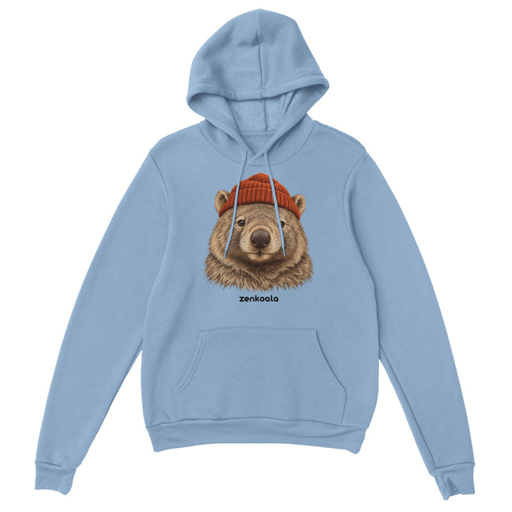 Wombat Beanie feel-good hoodie in light blue: a wombat in a beanie, Zen Koala Australia
