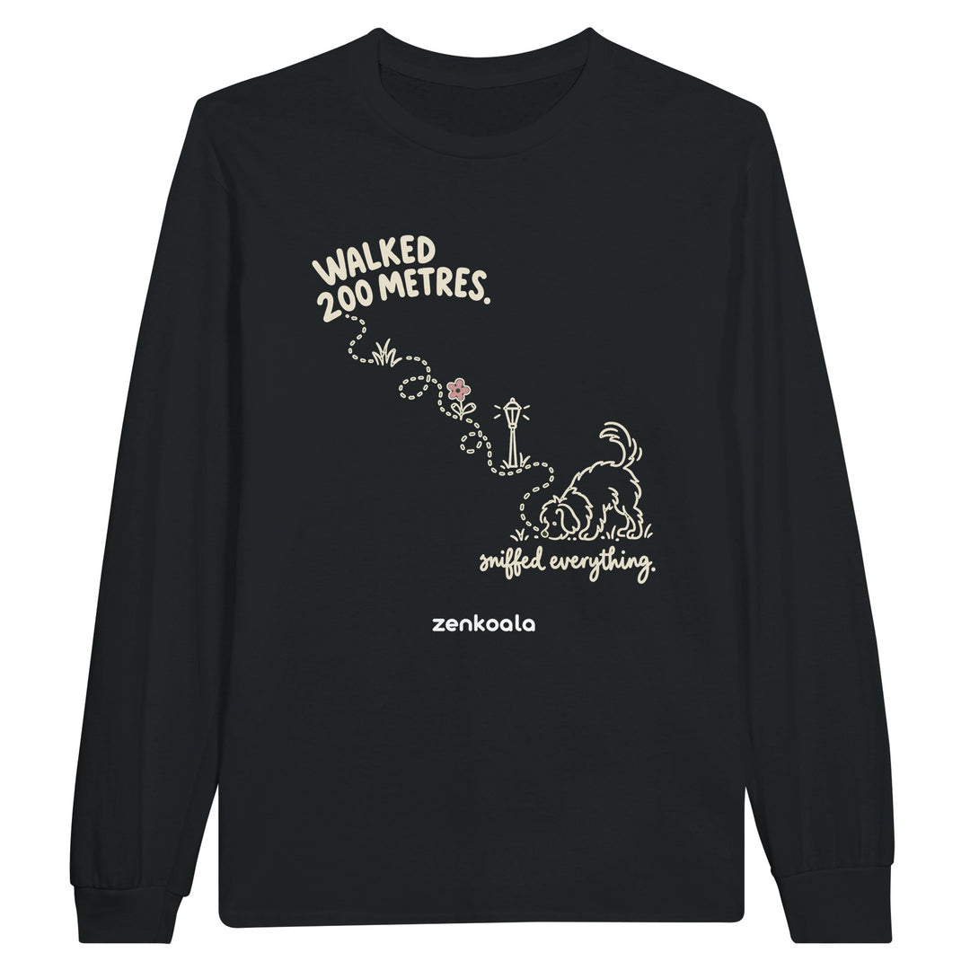 Sniffed Everything feel-good long sleeve tee in black: a little dog on a winding walk, Zen Koala Australia