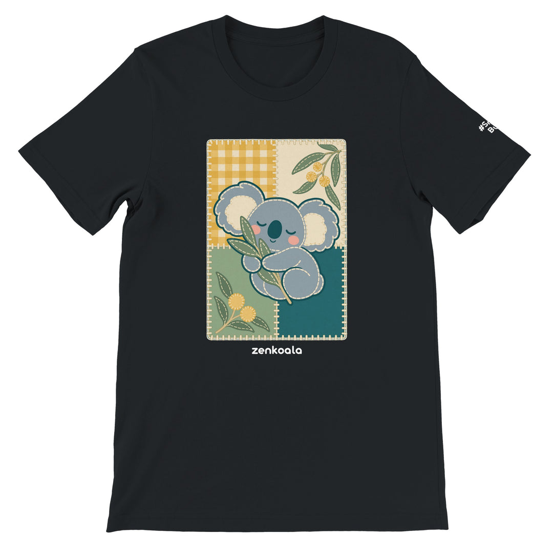 Koala Quilt feel-good tee in black, Zen Koala Australia
