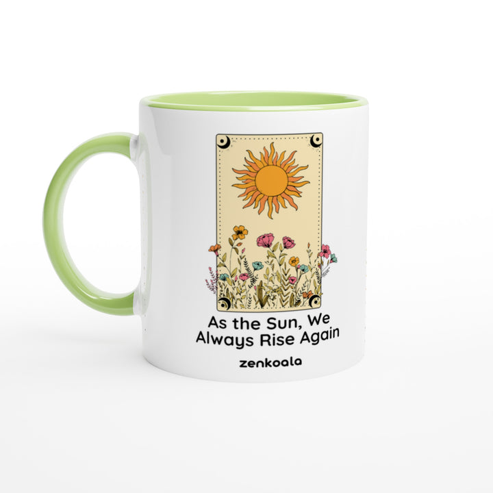 As The Sun mug in green: white with a green rim, inside and handle, Zen Koala Australia