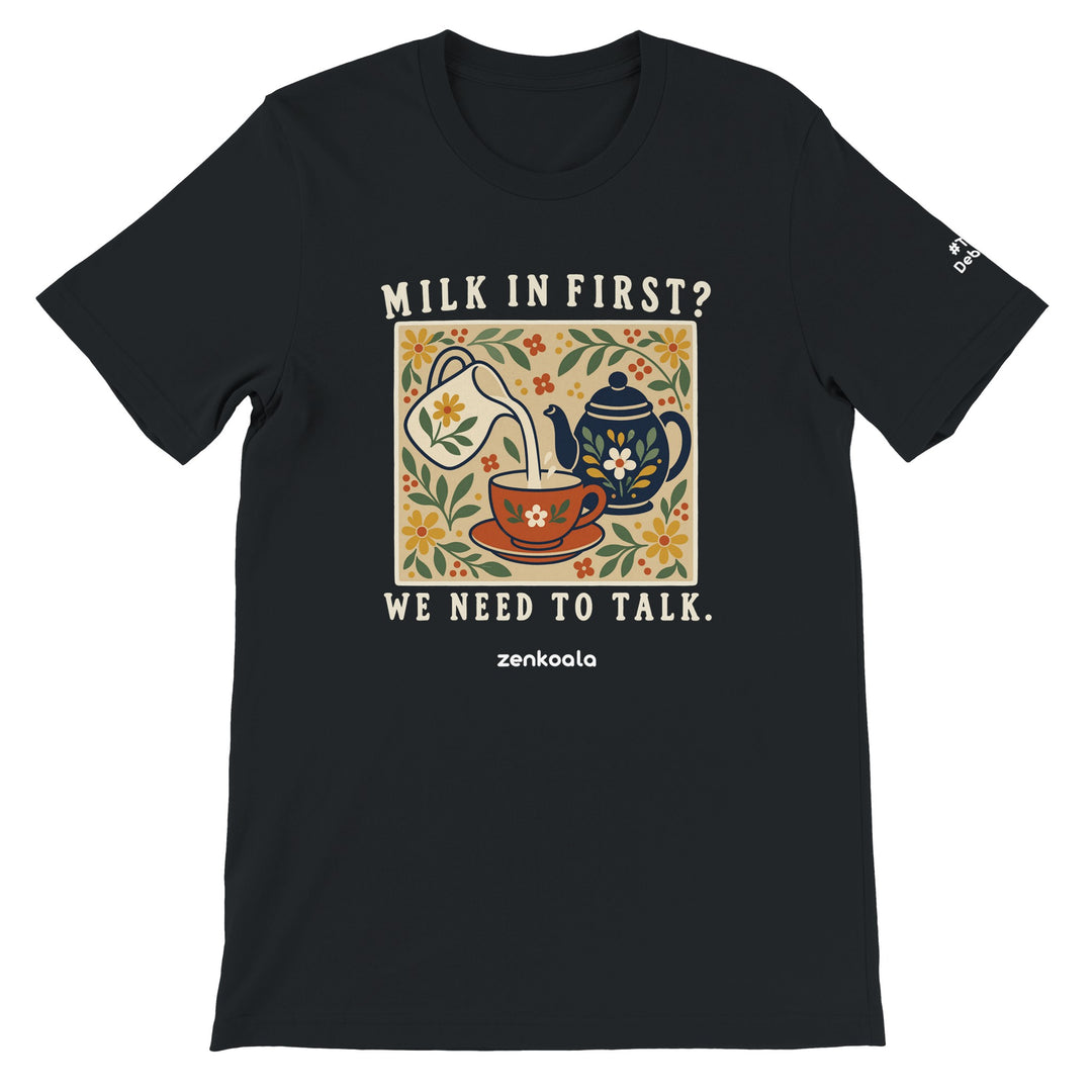 Milk in First feel-good tee in black, Zen Koala Australia