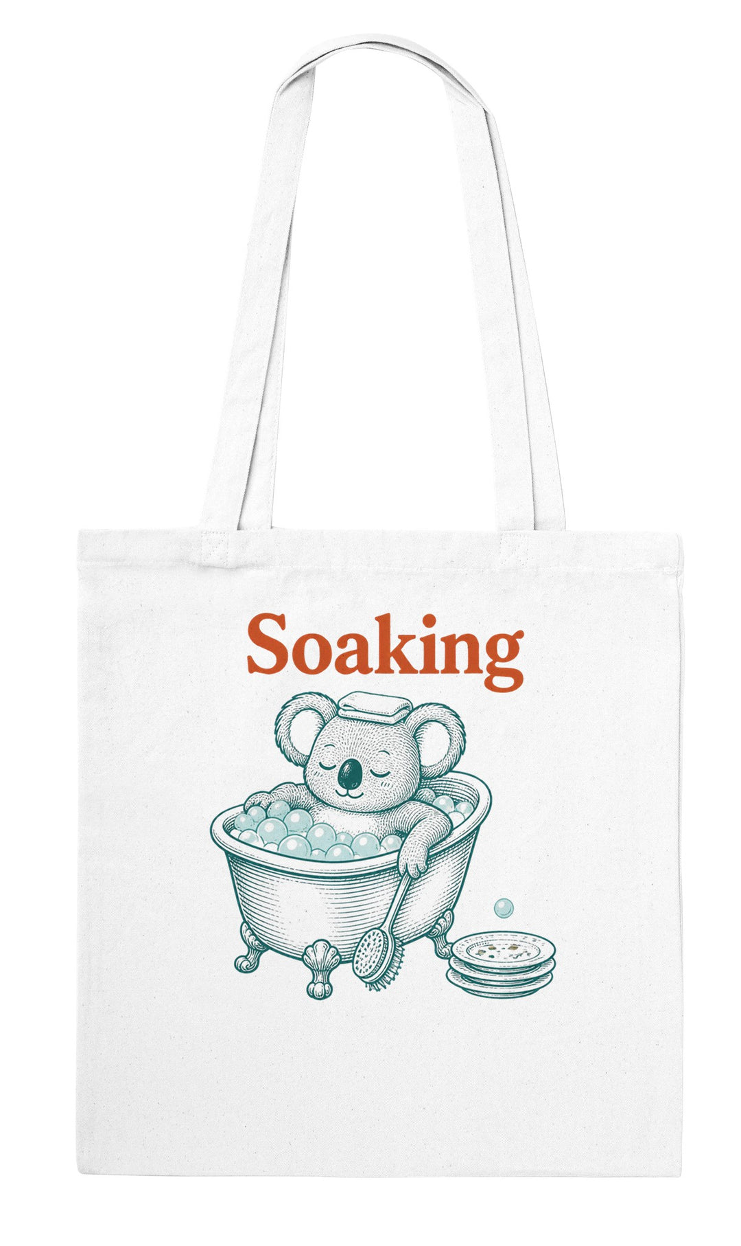 Soaking Koala Bath feel-good tote bag in white: a koala soaking in a bubble bath, Zen Koala Australia