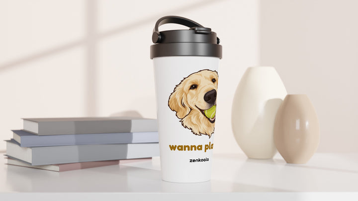 Wanna Play? travel mug beside books and vases, Zen Koala Australia