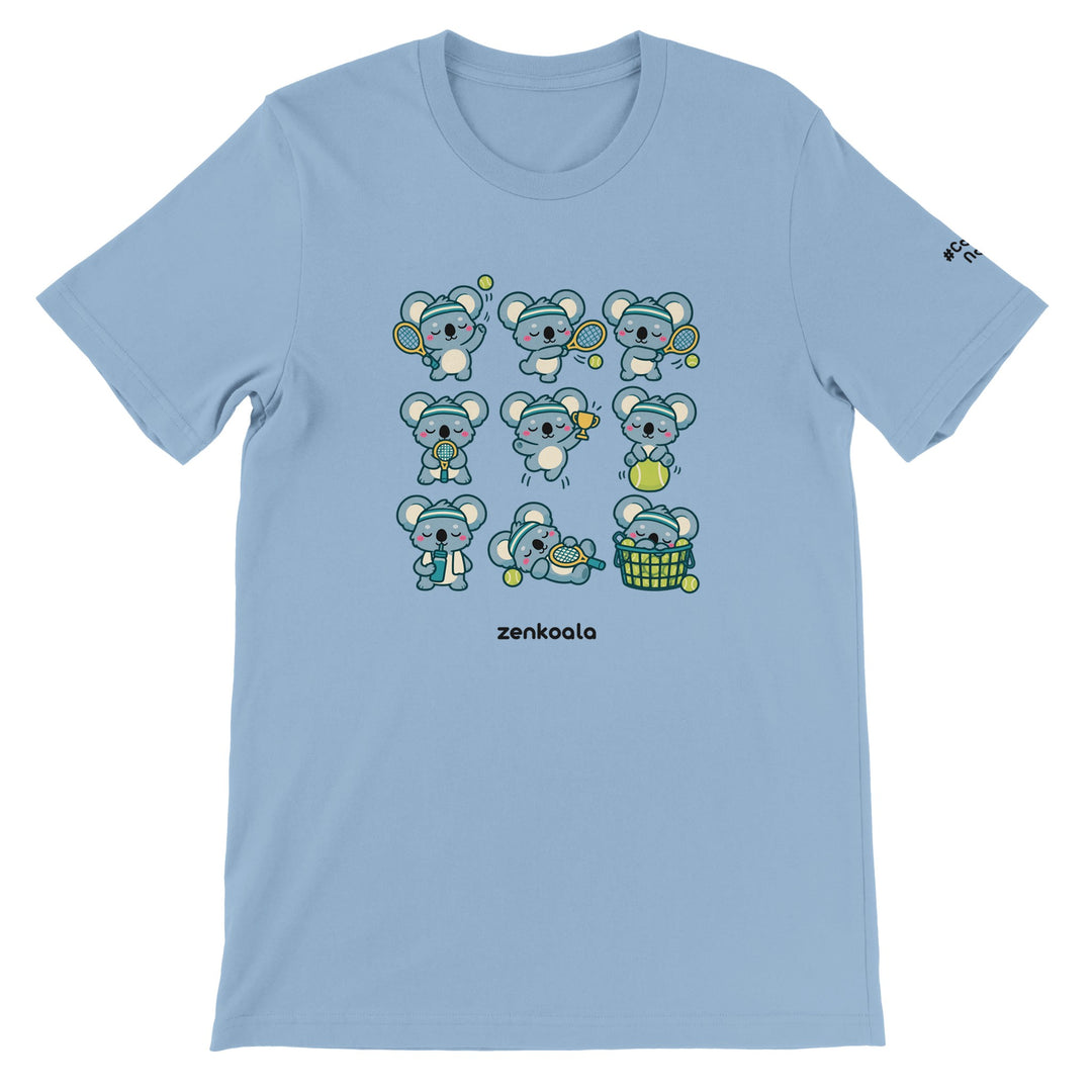 Tennis Koalas feel-good tee in light blue, Zen Koala Australia