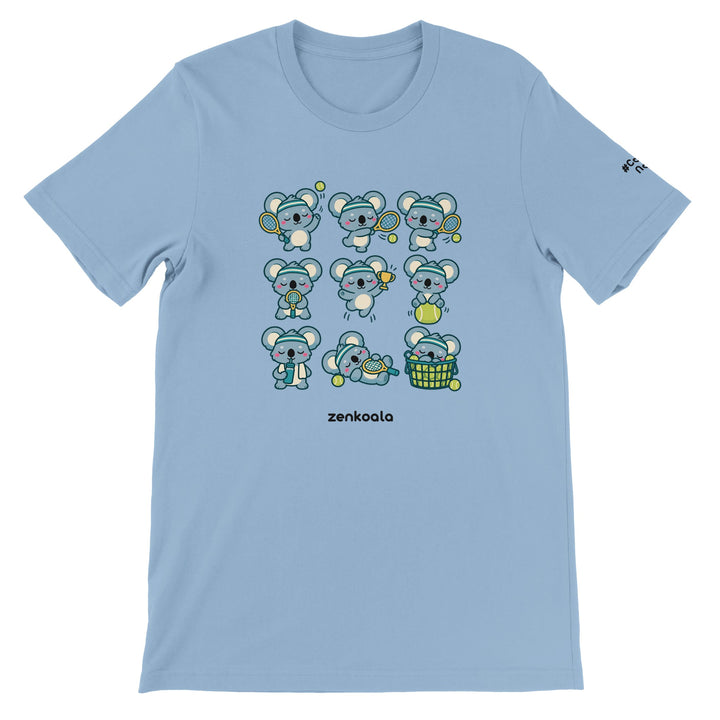 Tennis Koalas feel-good tee in light blue, Zen Koala Australia