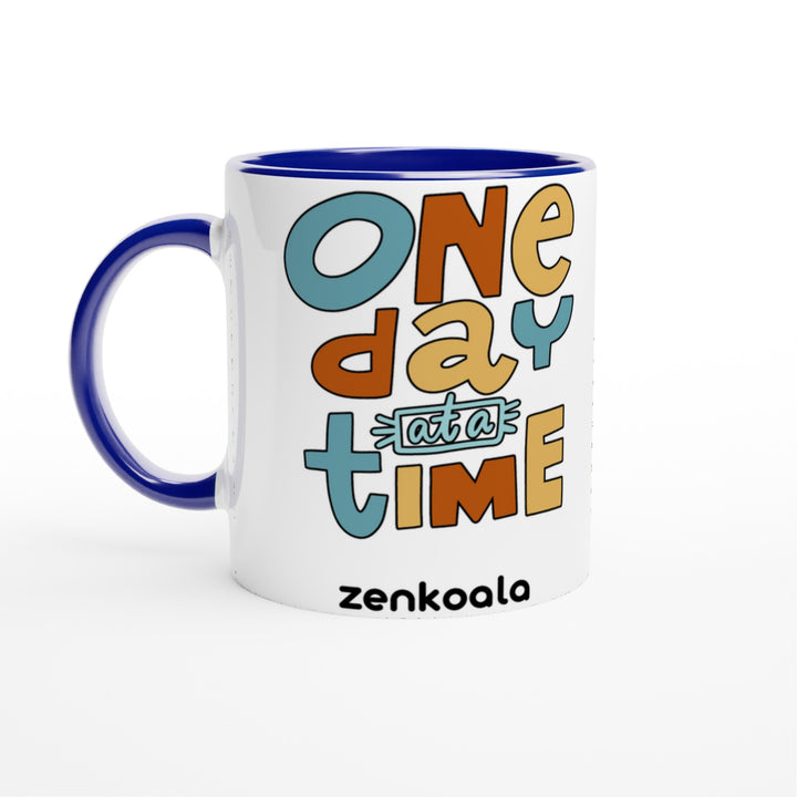 One Day at a Time mug in blue: white with a blue rim, inside and handle, Zen Koala Australia