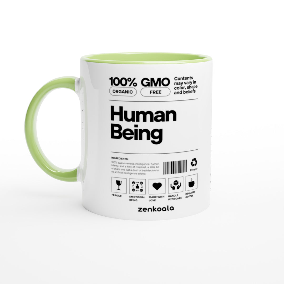 Human Being mug in green: white with a green rim, inside and handle, Zen Koala Australia