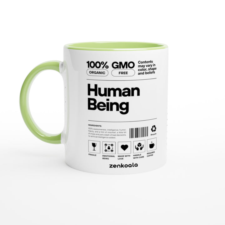 Human Being mug in green: white with a green rim, inside and handle, Zen Koala Australia