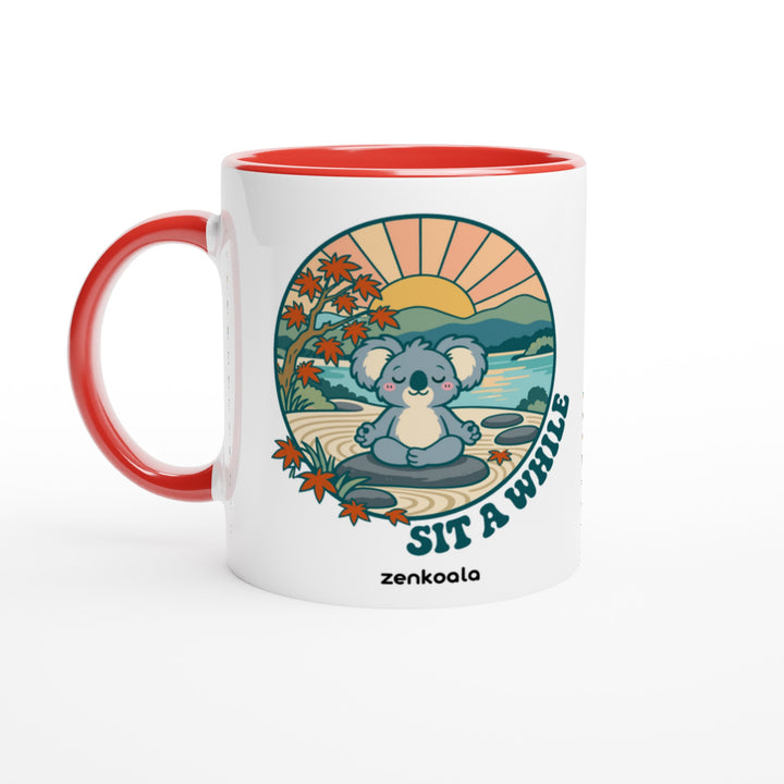 Sit a While mug in red: white with a red rim, inside and handle, Zen Koala Australia