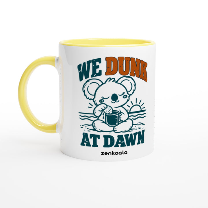 We Dunk at Dawn mug in yellow: white with a yellow rim, inside and handle, Zen Koala Australia