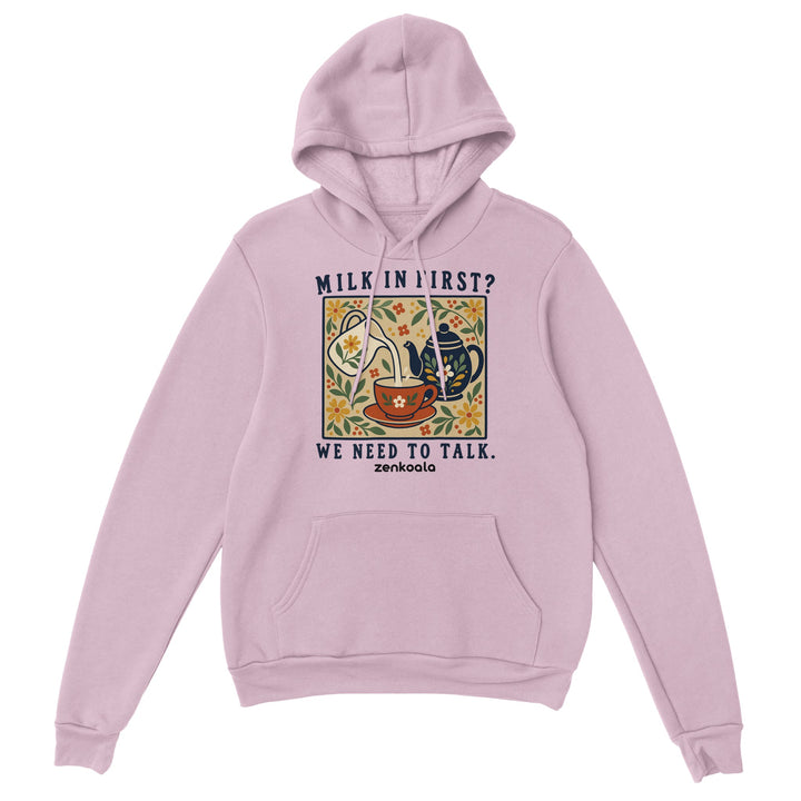 Milk in First feel-good hoodie in light pink, Zen Koala Australia