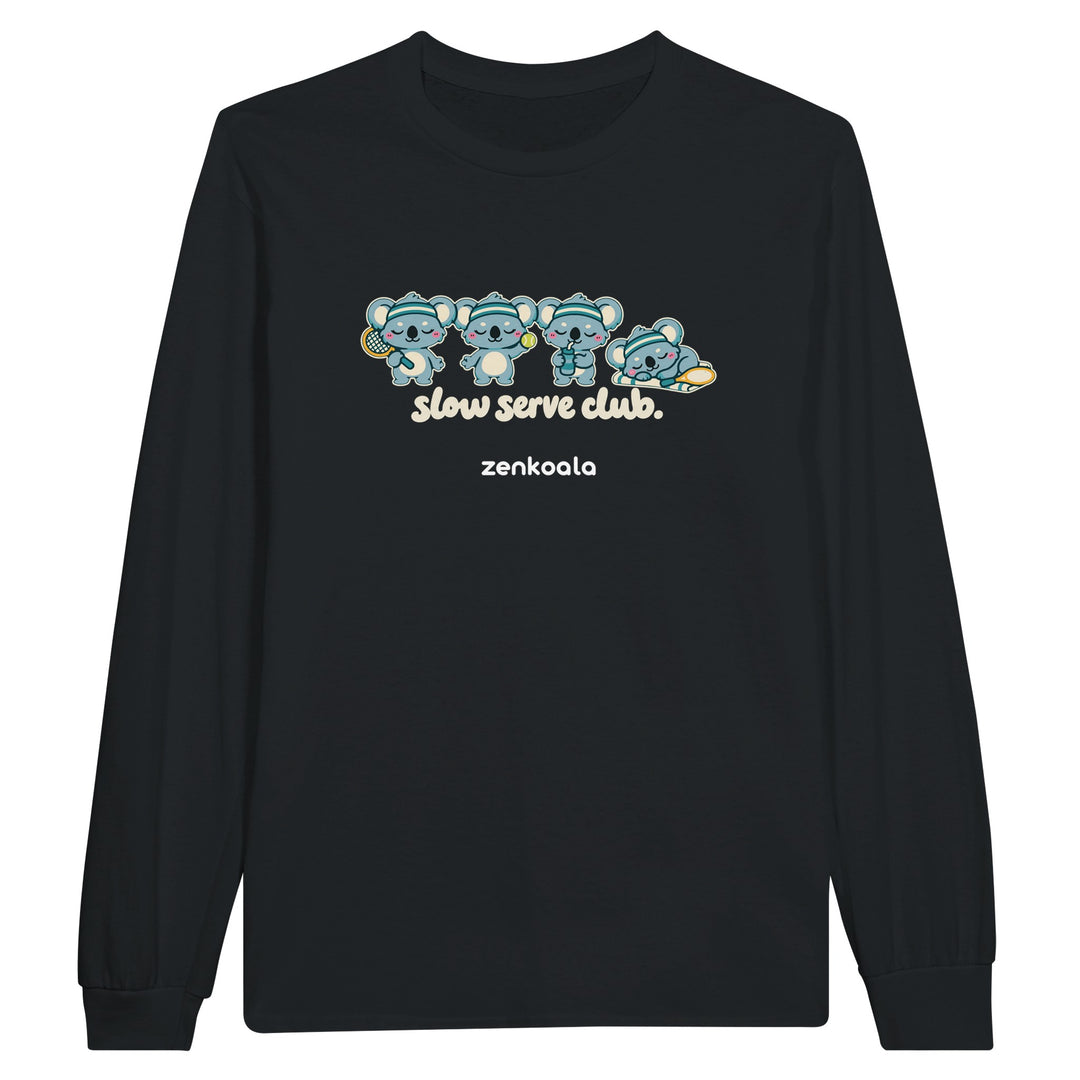 Slow Serve Club feel-good long sleeve tee in black, Zen Koala Australia