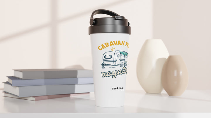 Caravan Park Royalty travel mug beside books and vases, Zen Koala Australia