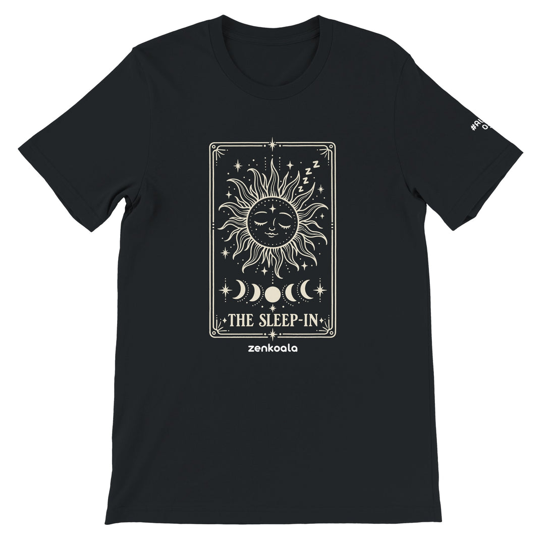 The Sleep-In feel-good tee in black: a sleepy sun tarot card, Zen Koala Australia