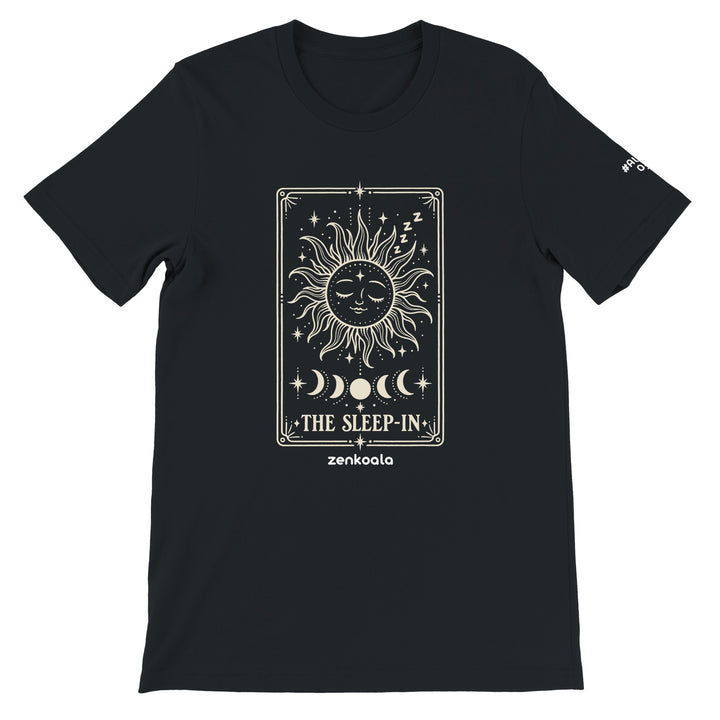 The Sleep-In feel-good tee in black: a sleepy sun tarot card, Zen Koala Australia