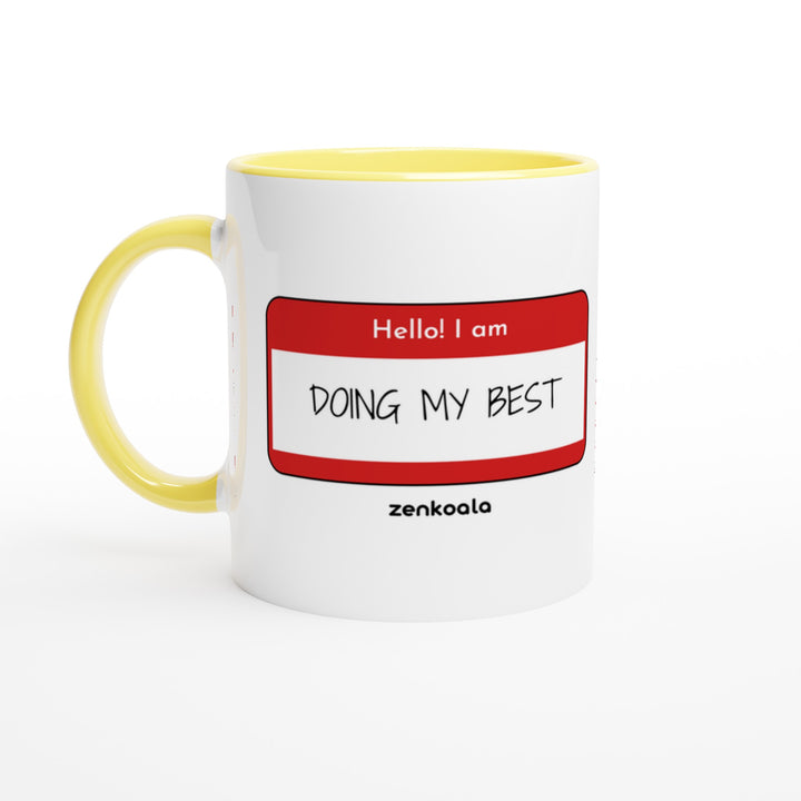 Doing My Best mug in yellow: white with a yellow rim, inside and handle, Zen Koala Australia