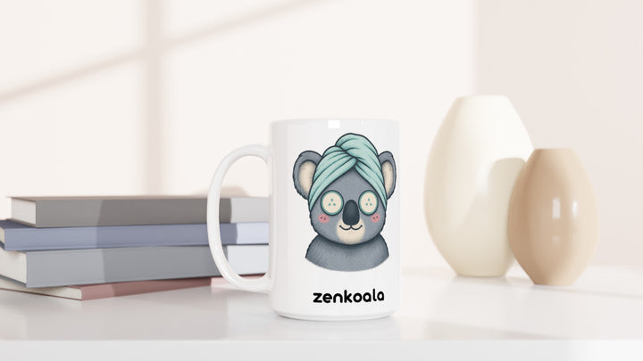 Koala Spa Day 15oz mug beside books and vases, Zen Koala Australia