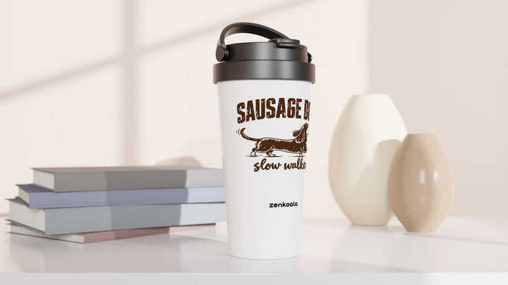 Sausage Dog Slow Walker travel mug beside books and vases, Zen Koala Australia