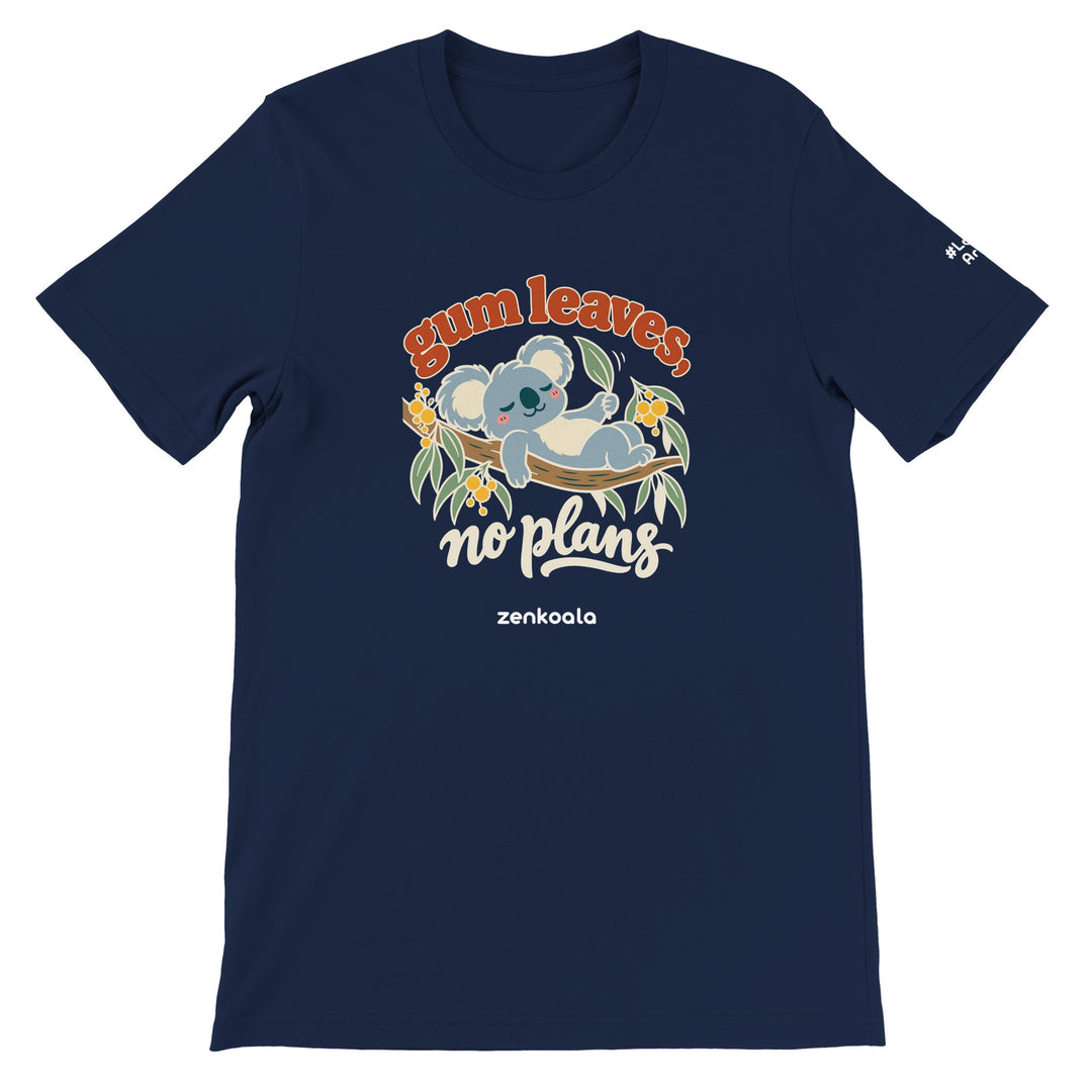 Gum Leaves No Plans feel-good tee in navy, Zen Koala Australia