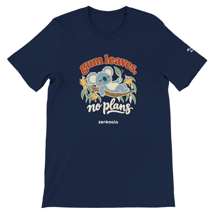 Gum Leaves No Plans feel-good tee in navy, Zen Koala Australia