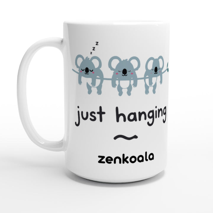 Just Hanging feel-good 15oz mug: three sleepy koalas hanging off a branch, Zen Koala Australia