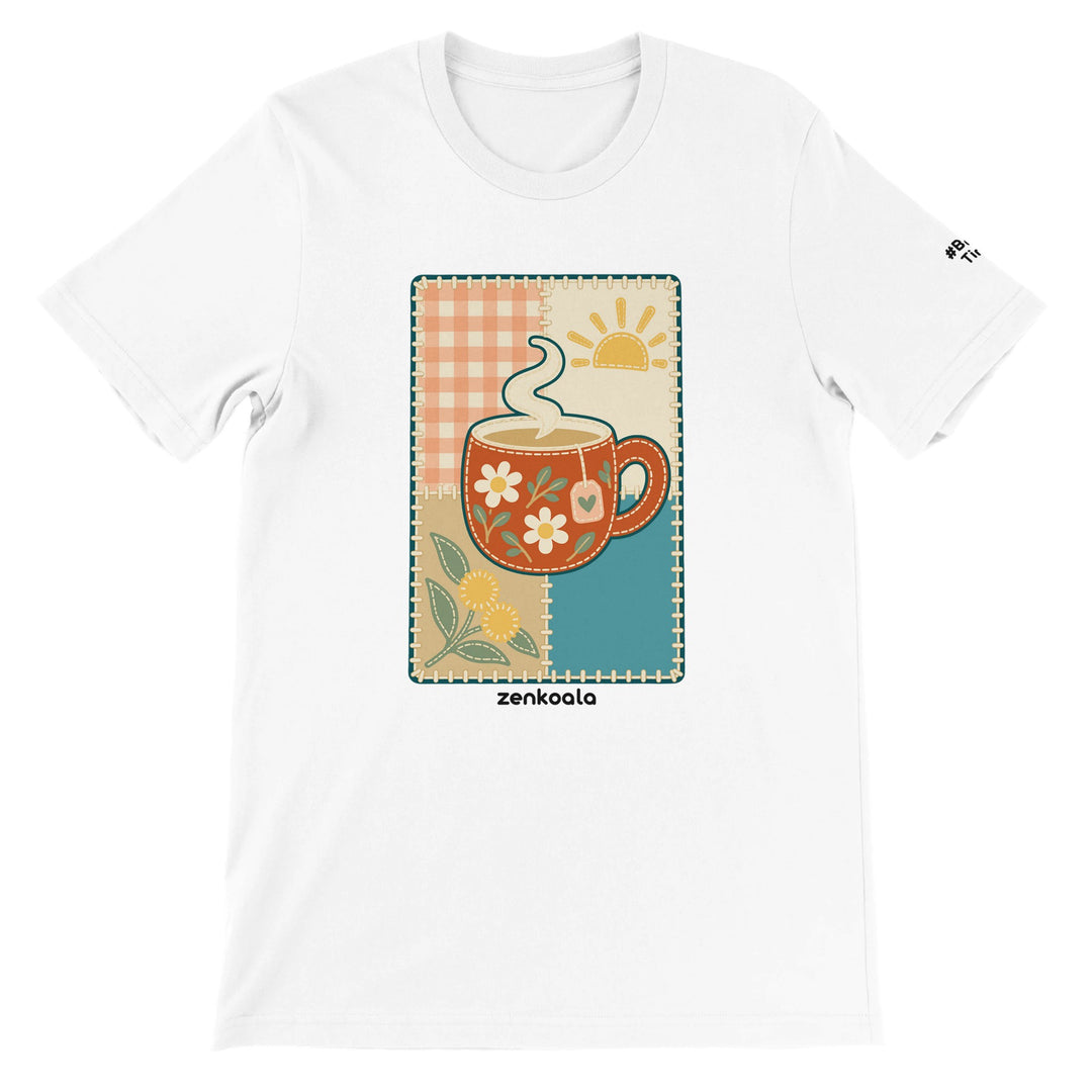 Cuppa Quilt feel-good tee in white, Zen Koala Australia