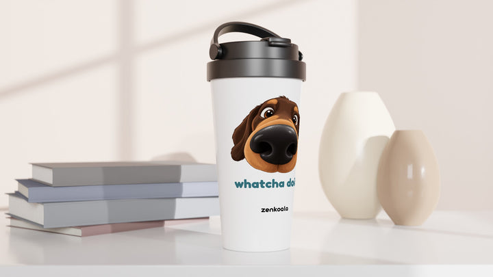 Whatcha Doin? travel mug beside books and vases, Zen Koala Australia