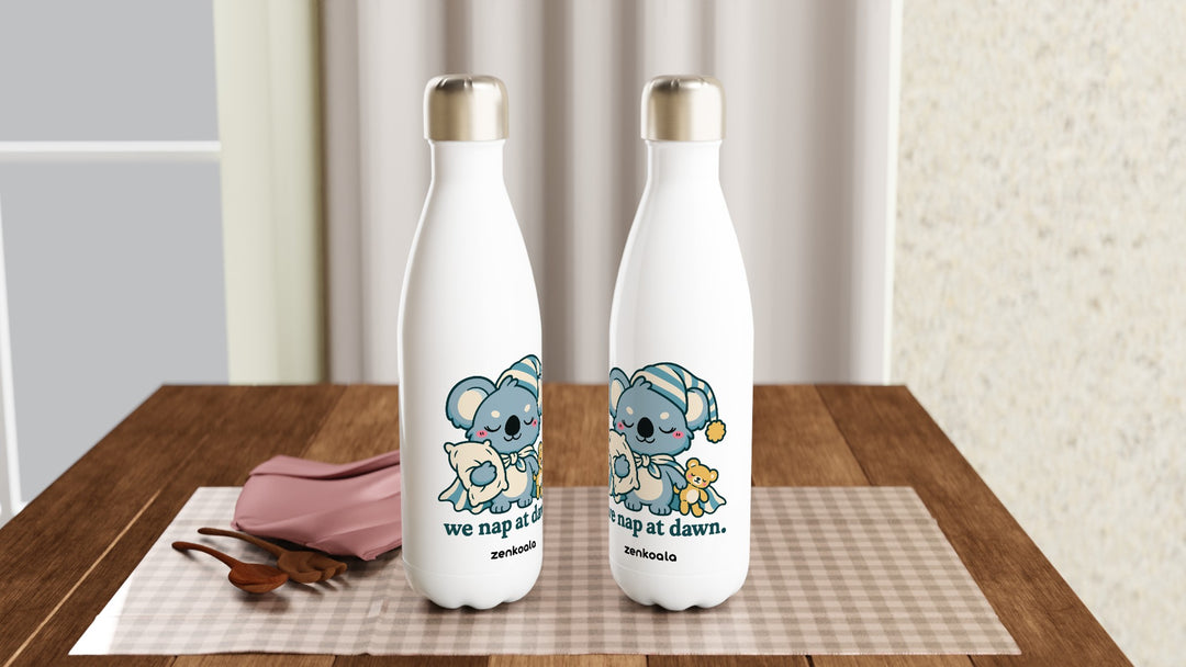 Two We Nap at Dawn water bottles on a table, Zen Koala Australia