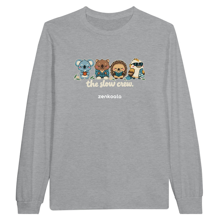 The Slow Crew feel-good long sleeve tee in sports grey: four Aussie animals in a row, Zen Koala Australia