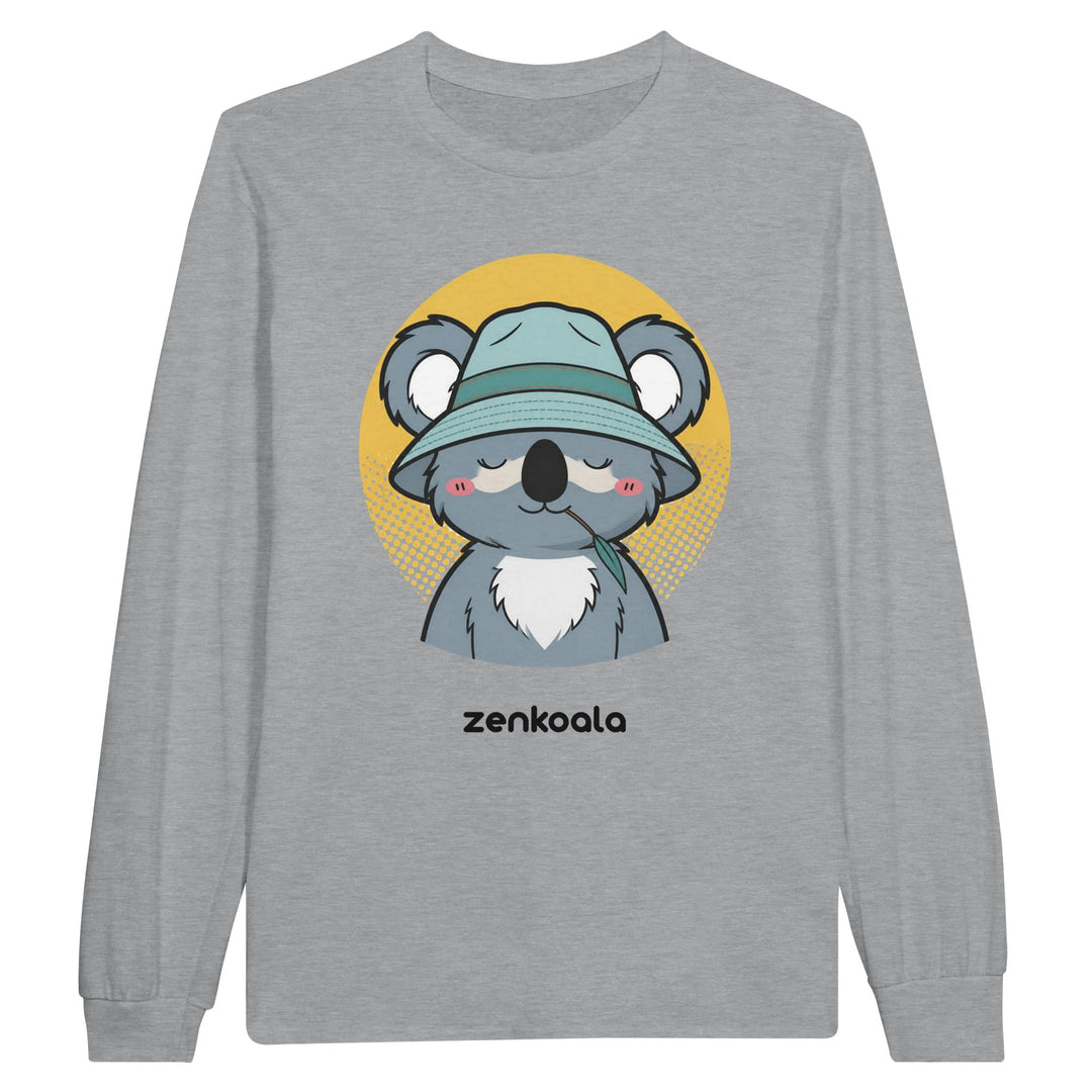 Koala Zinc and Bucket Hat long sleeve tee in sports grey — a sun-smart Aussie koala in a bucket hat with a gum leaf against a retro sun, Zen Koala Australia