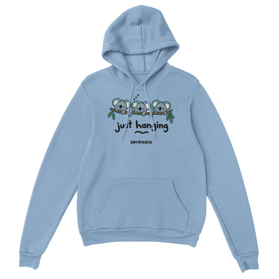 Just Hanging feel-good hoodie in light blue, Zen Koala Australia