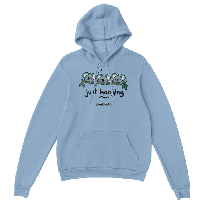 Just Hanging feel-good hoodie in light blue, Zen Koala Australia