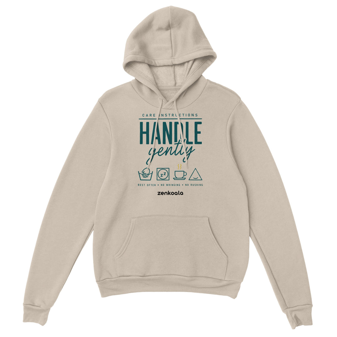 Handle Gently Care Instructions feel-good hoodie in sand, Zen Koala Australia